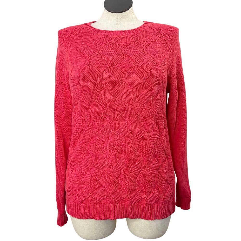 Lands End Size XL Drifter Sweater Cable Knit Crew Neck Pink Long Sleeve Preppy